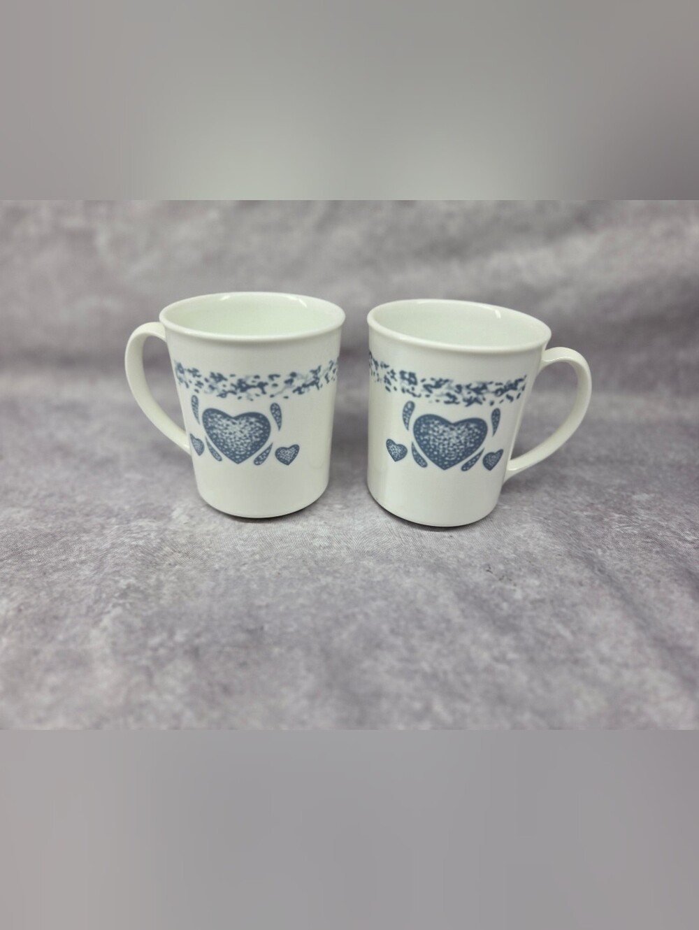 Vintage Corning USA Blue Hearts Milk Glass Mugs Set of 2 Microwave Safe White